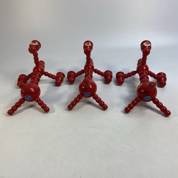 Swedish Traditional Bobbin Candle Holders 3 Arm Hand Painted Wood Red Set of 3 - Picture 8 of 10